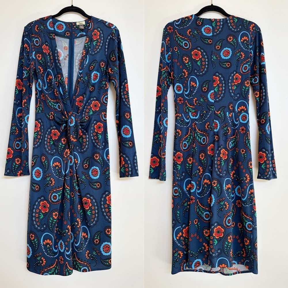 Issa London 100% Silk Plunging Deep V Long Sleeve Paisley Print Dress US 6
